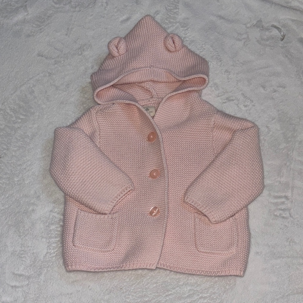 Baby Gap Pink Knit Baby Hoodie with Bear Ears 6-12 months button up 100% cotton
